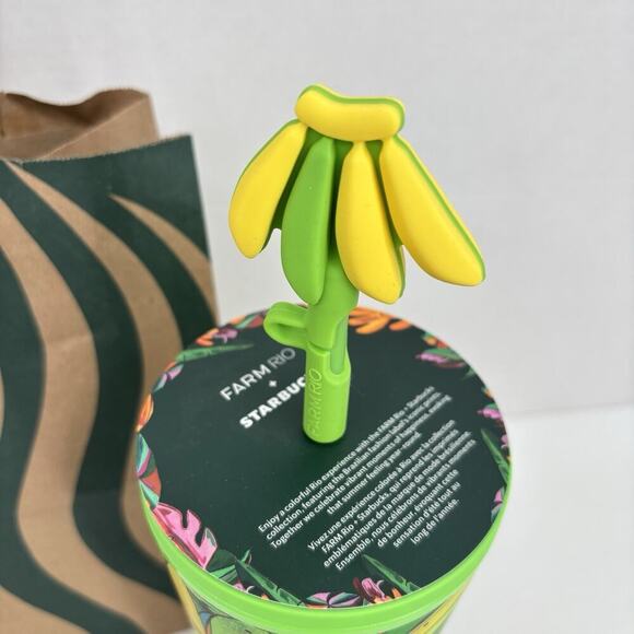 Starbucks x Farm Rio 24oz Tumbler Green Yellow Banana Straw Topper Summer 2025 - Picture 2 of 10